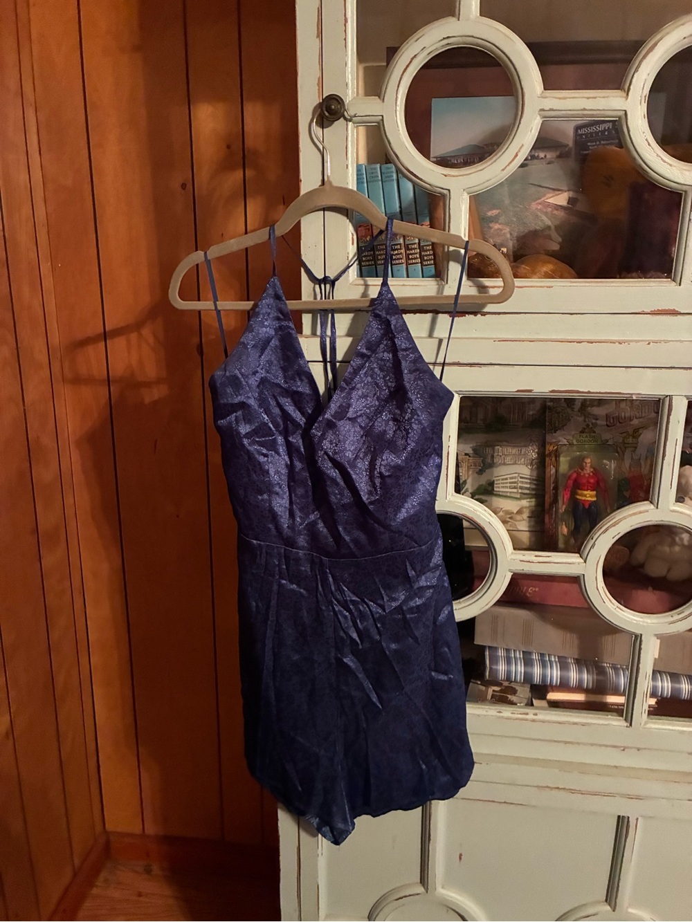 Ladies Satin Navy Blue Chemise Romper with V-Neck Size Large B18